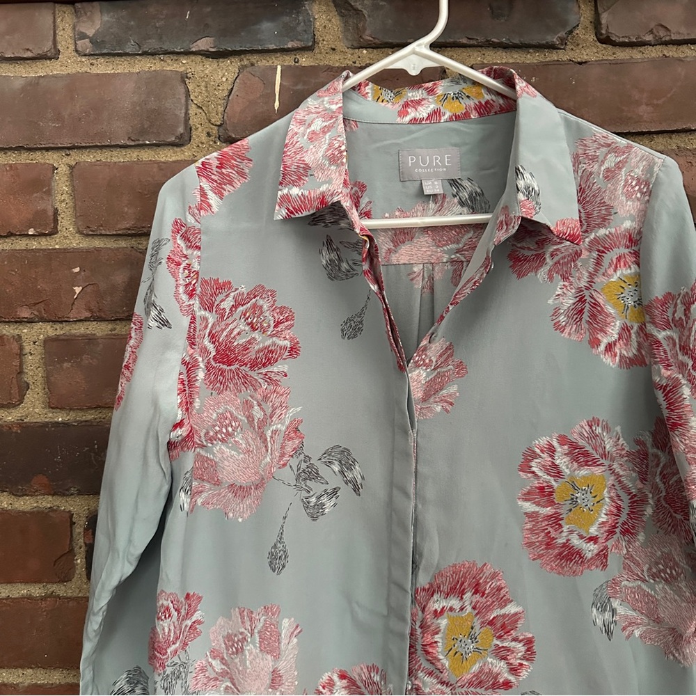 Pure Collection Gauzy Silk Garden Party Floral Button Shirt Coastal